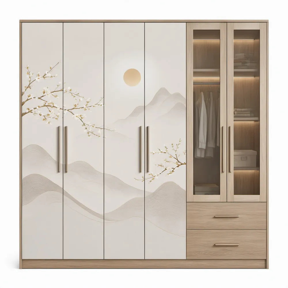6-deurs kledingkast met 2 lades, glazen deuren, 240 x 60 x 220 cm, wit/licht eiken/beige/transparant