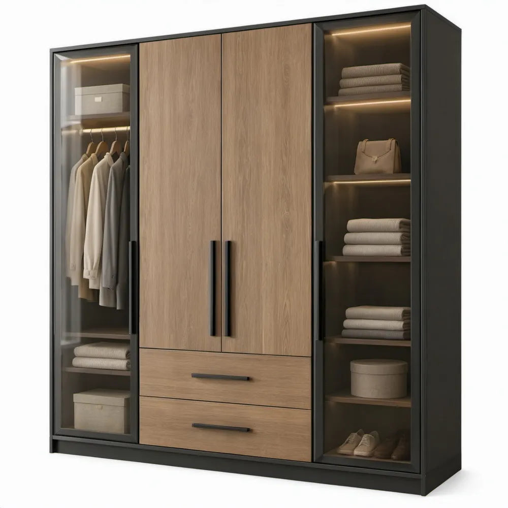 Kledingkast met 4 deuren, 2 lades en ledverlichting – 200 x 60 x 220 cm – Zwart/Eikenkleurig/Helder