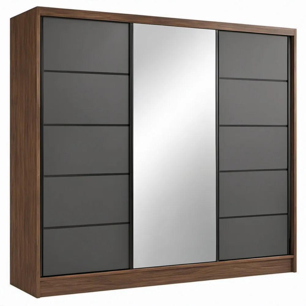 Schuifdeurkast met spiegel, 250 x 60 x 215 cm, walnootbruin en donkergrijs