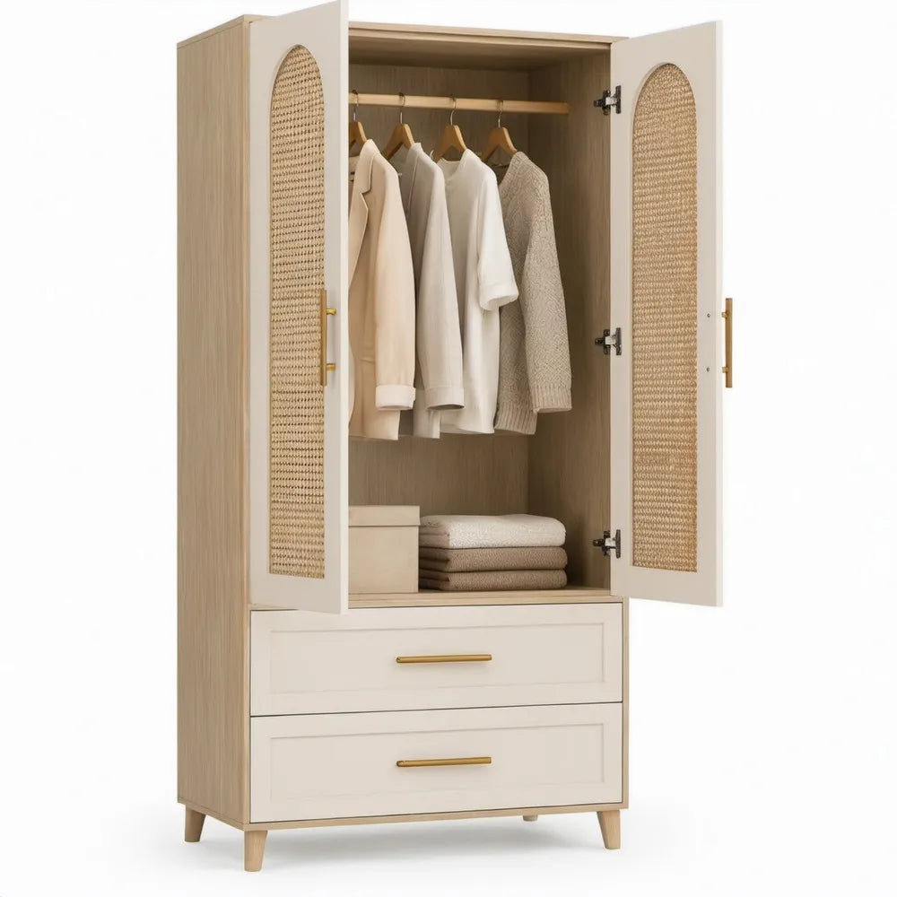 Beige kledingkast met rotan deuren en 2 lades, 80 x 50 x 180 cm
