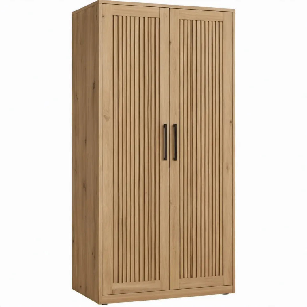 Naturelkleurige eikenhouten kast met 2 deuren en zwarte handgrepen, 100 x 55 x 200 cm
