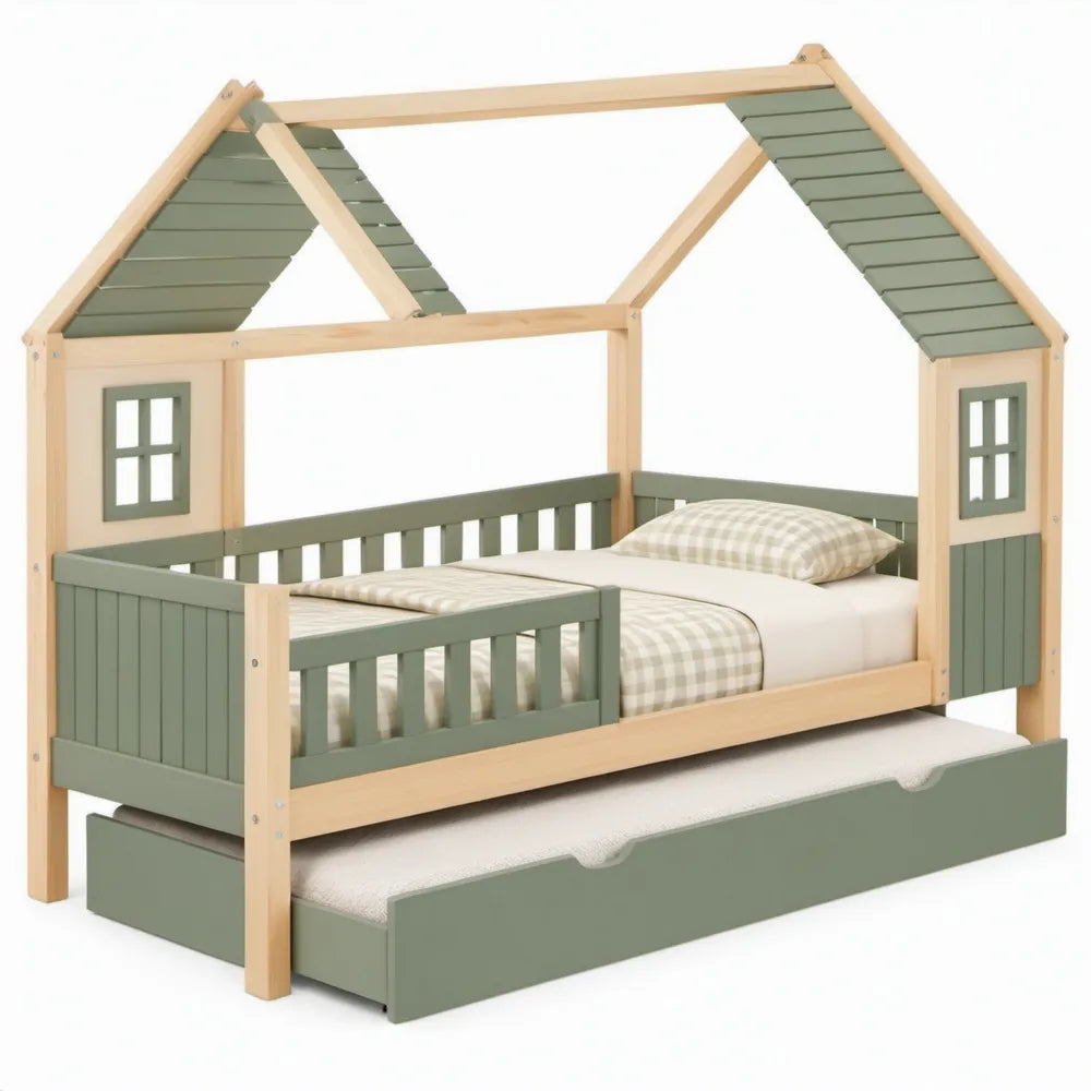 Kinderhuisbed met uitschuifbaar onderbed 90 x 200 cm, groen/naturel, massief grenenhout
