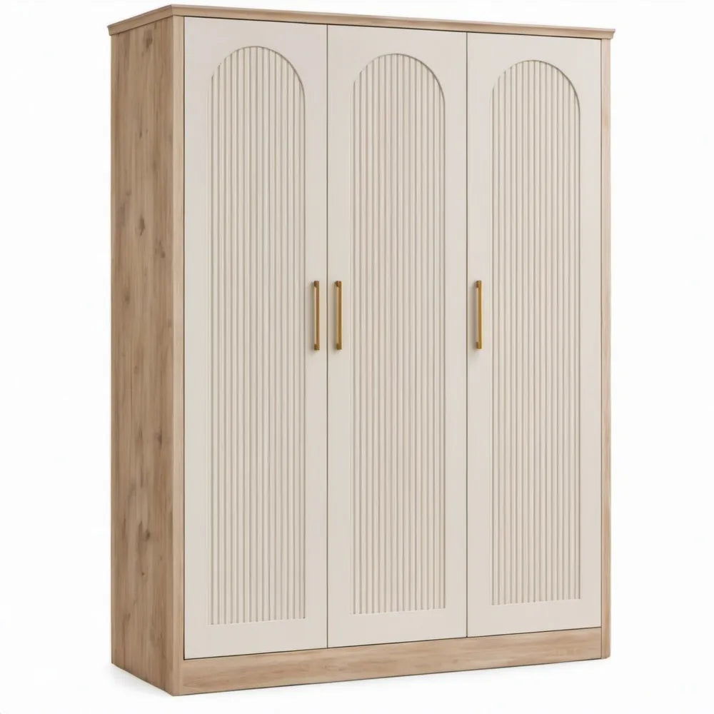 Driedeurs kledingkast 120 x 52 x 200 cm in Beige, Eikenkleurig en Goudkleurig