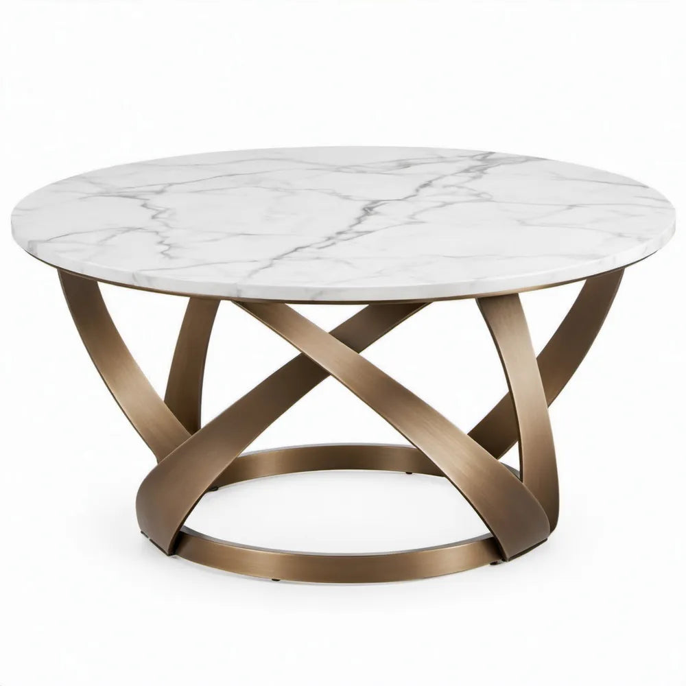 Ronde salontafel 90 x 90 x 45 cm met wit-grijs marmerlook blad en bronskleurig stalen onderstel