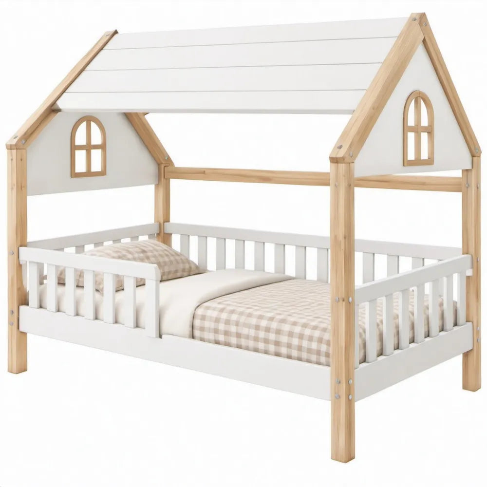 Kinderhuisbed 90 x 200 cm van massief grenenhout, wit/naturel