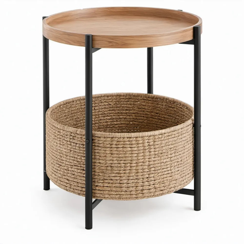 Rond design met geweven opbergruimte, eikenfineer en zwart staal, Ø 45 x 60 cm