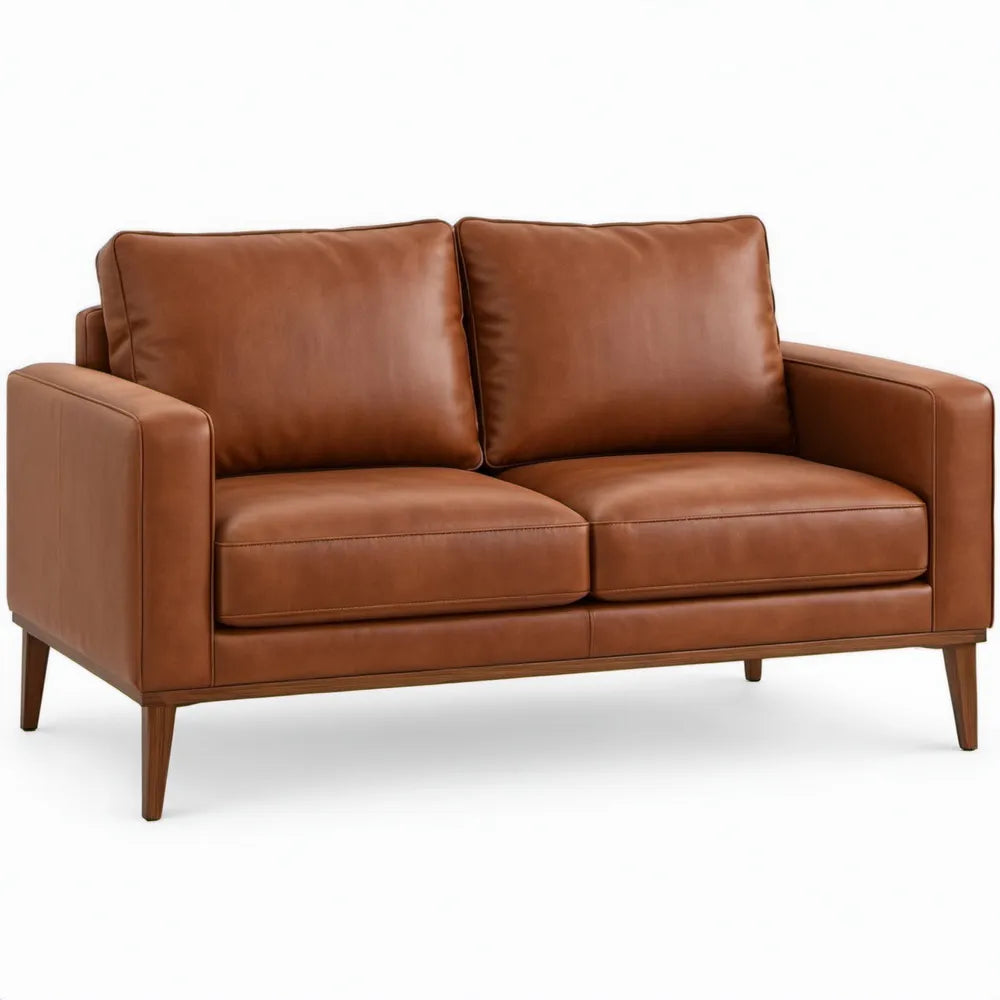 Cognacbruine 2-zitsbank van PU-kunstleer met houten poten, 160 x 85 x 85 cm