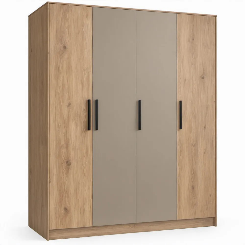 4-deurs kledingkast 180 x 52 x 200 cm in eikenkleurig en greige met zwarte handgrepen