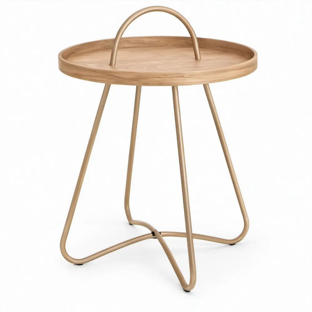 Ronde bijzettafel met dienblad en handgreep Ø45 x 60 cm naturel eiken en beige