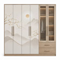 6-deurs kledingkast met 2 lades, glazen deuren, 240 x 60 x 220 cm, wit/licht eiken/beige/transparant