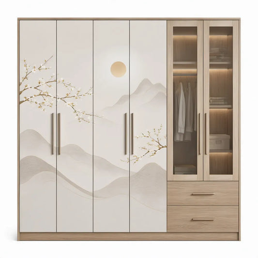 6-deurs kledingkast met 2 lades, glazen deuren, 240 x 60 x 220 cm, wit/licht eiken/beige/transparant