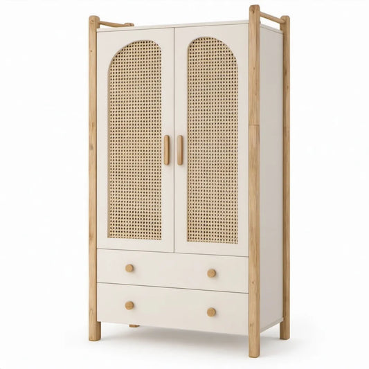 Kinderkledingkast 90 x 45 x 180 cm met 2 deuren en 2 lades - Wit/Naturel