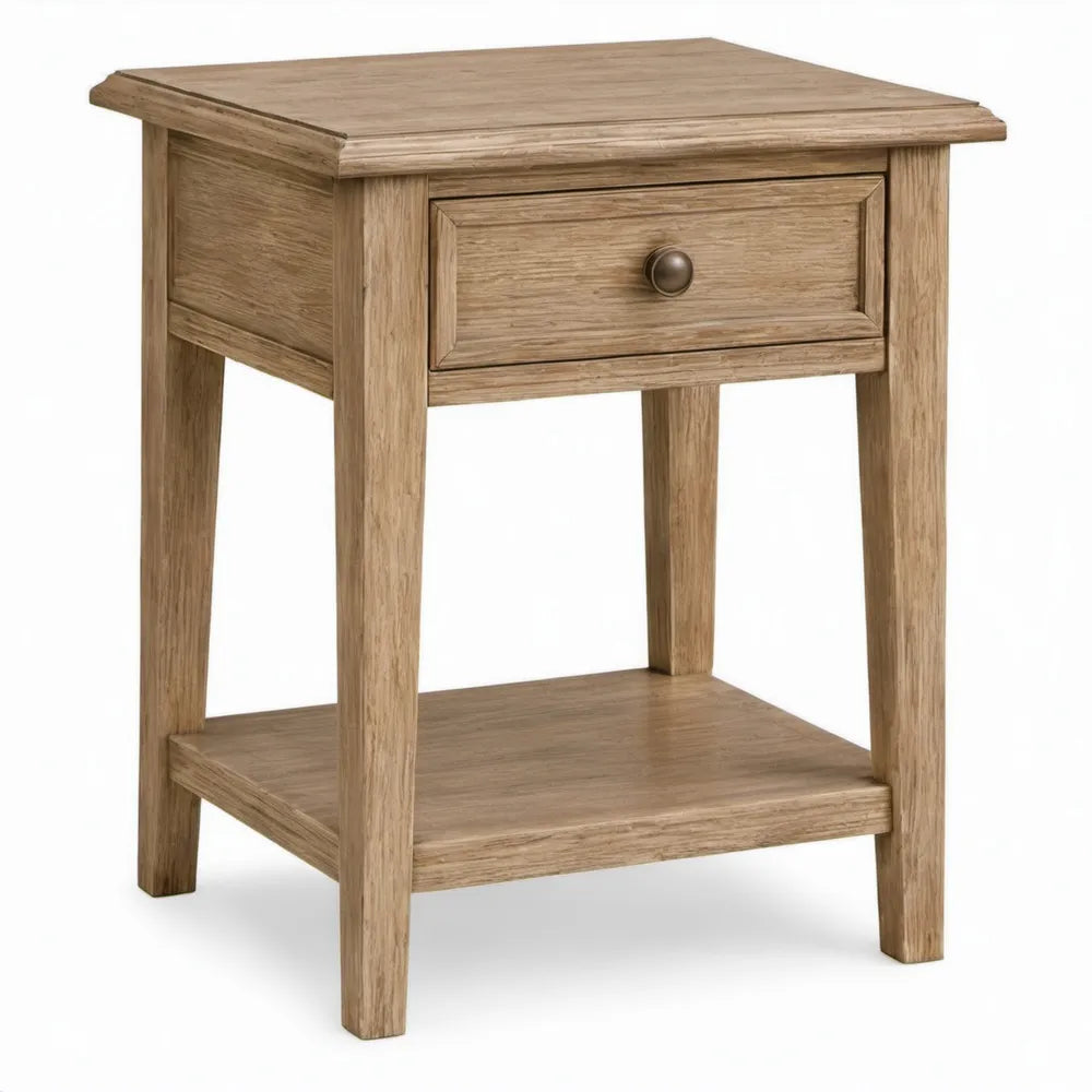 Naturel eiken bijzettafel met lade en onderplank, 45 x 35 x 65 cm