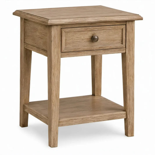 Naturel eiken bijzettafel met lade en onderplank, 45 x 35 x 65 cm