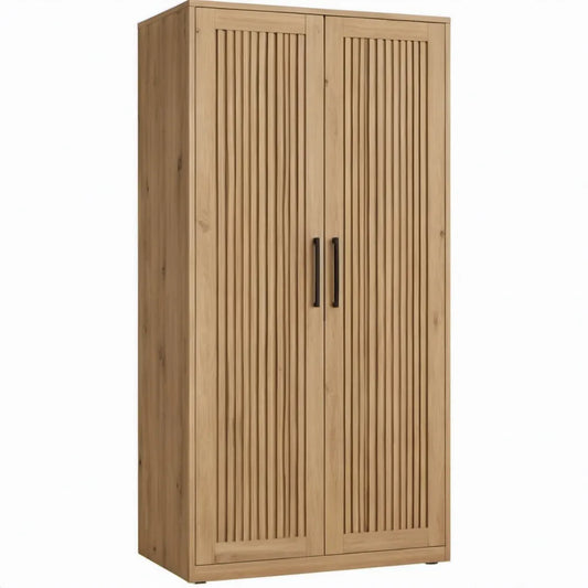 Naturelkleurige eikenhouten kast met 2 deuren en zwarte handgrepen, 100 x 55 x 200 cm
