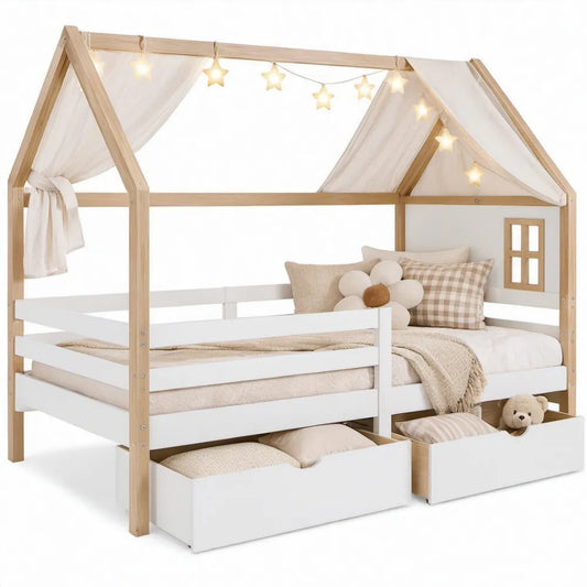 Huisvormig kinderbed 90 x 200 cm van massief grenenhout met 2 opbergladen - Wit/Naturel