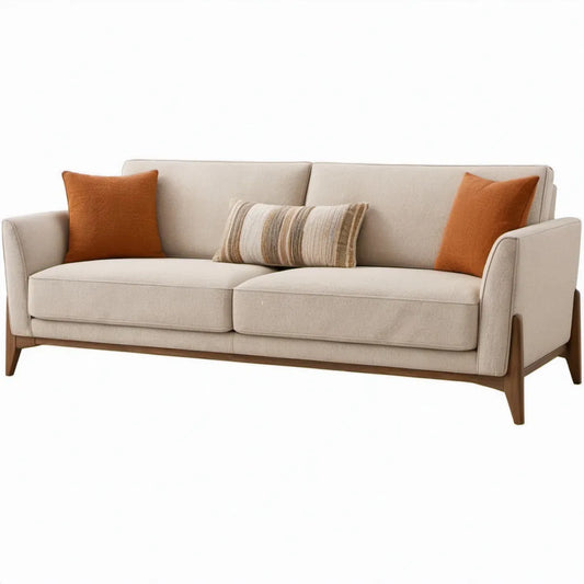 Beige tweezitsbank met bruin houten onderstel, 200 x 90 x 85 cm