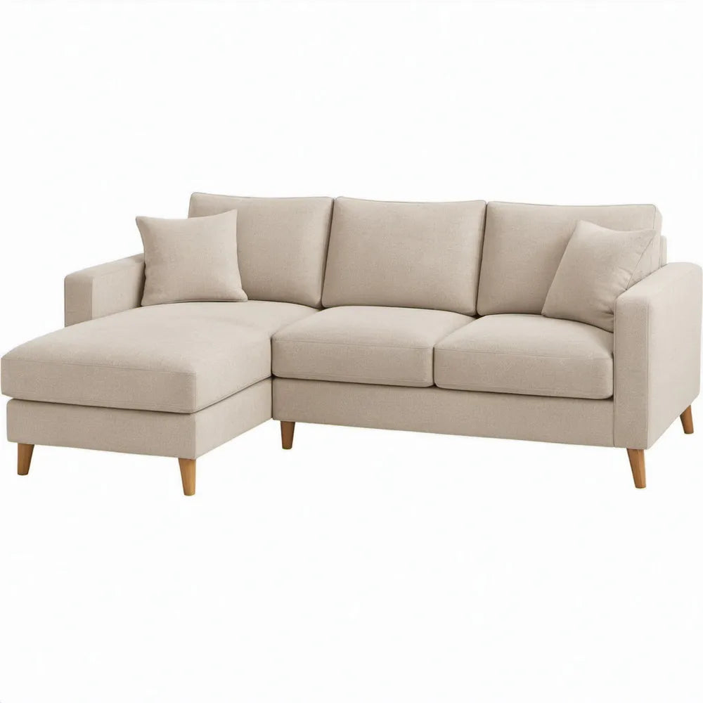 Beige hoekbank met chaise longue, 230 x 150 x 85 cm, polyester en rubberhouten poten