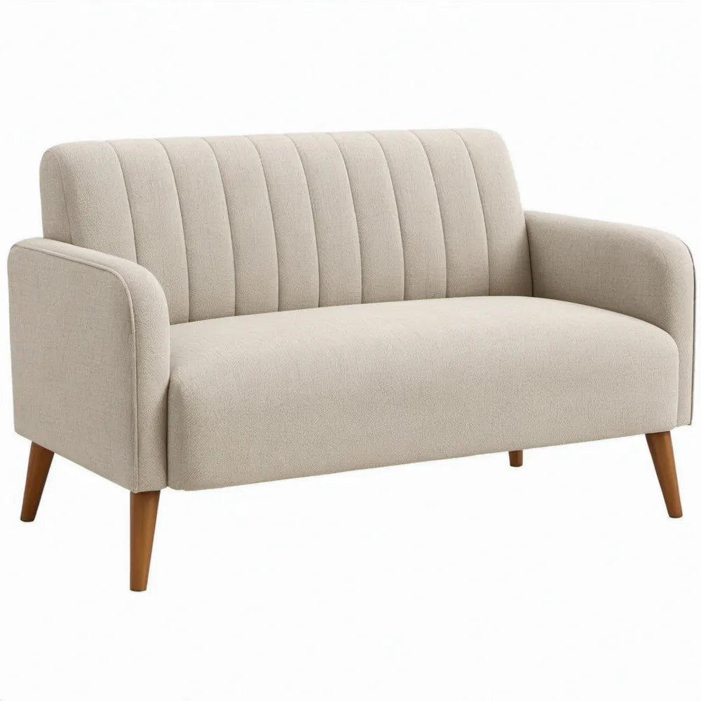 Beige 2-zitsbank met houten poten, 130 x 76 x 82 cm
