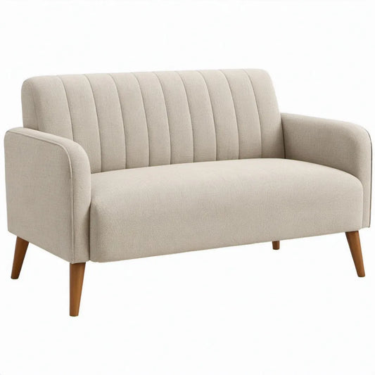 Beige 2-zitsbank met houten poten, 130 x 76 x 82 cm