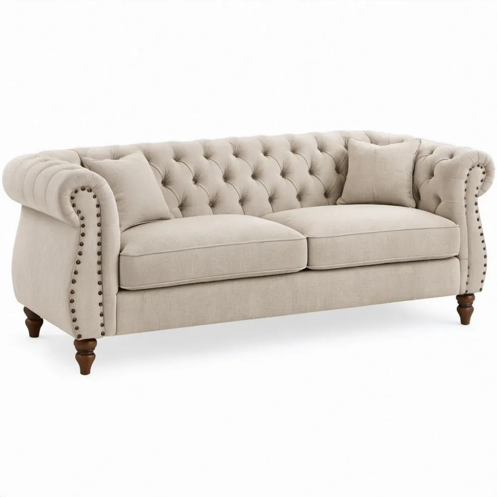 Chesterfield tweezitsbank beige polyester met donkerbruine poten, 183 x 89 x 86 cm