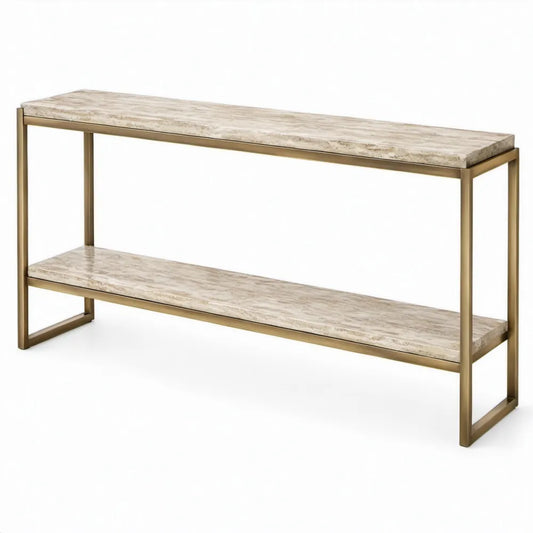 Sidetable met 2 planken, 120 x 30 x 80 cm, beige marmerlook en goudkleurig staal