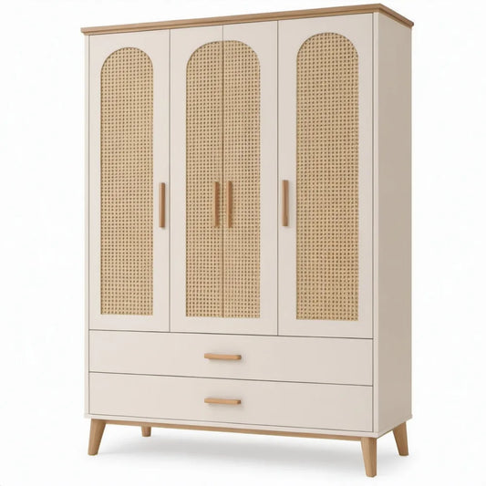 4-deurs garderobekast met 2 laden, 160 x 55 x 200 cm, gebroken wit en naturel, MDF en rotan