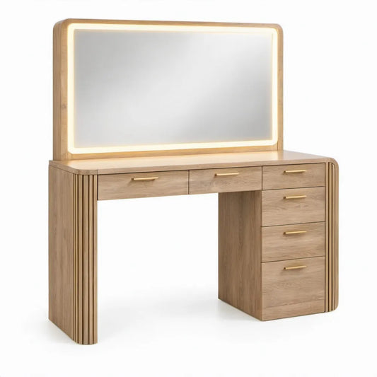 Kaptafel met geïntegreerde LED-spiegel, 6 laden, 120 x 45 x 145 cm, naturel eik met goudkleurige details