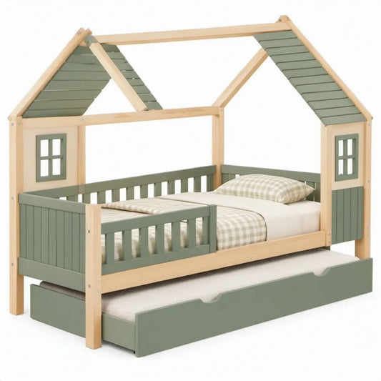Kinderhuisbed met uitschuifbaar onderbed 90 x 200 cm, groen/naturel, massief grenenhout