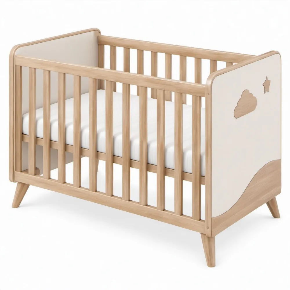 Babybed van massief beukenhout en MDF, 120 x 60 cm, Naturel/Wit