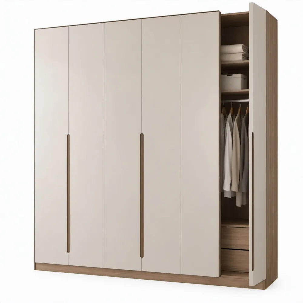 5-deurs kledingkast 200 x 60 x 220 cm in gebroken wit en eikenbruin