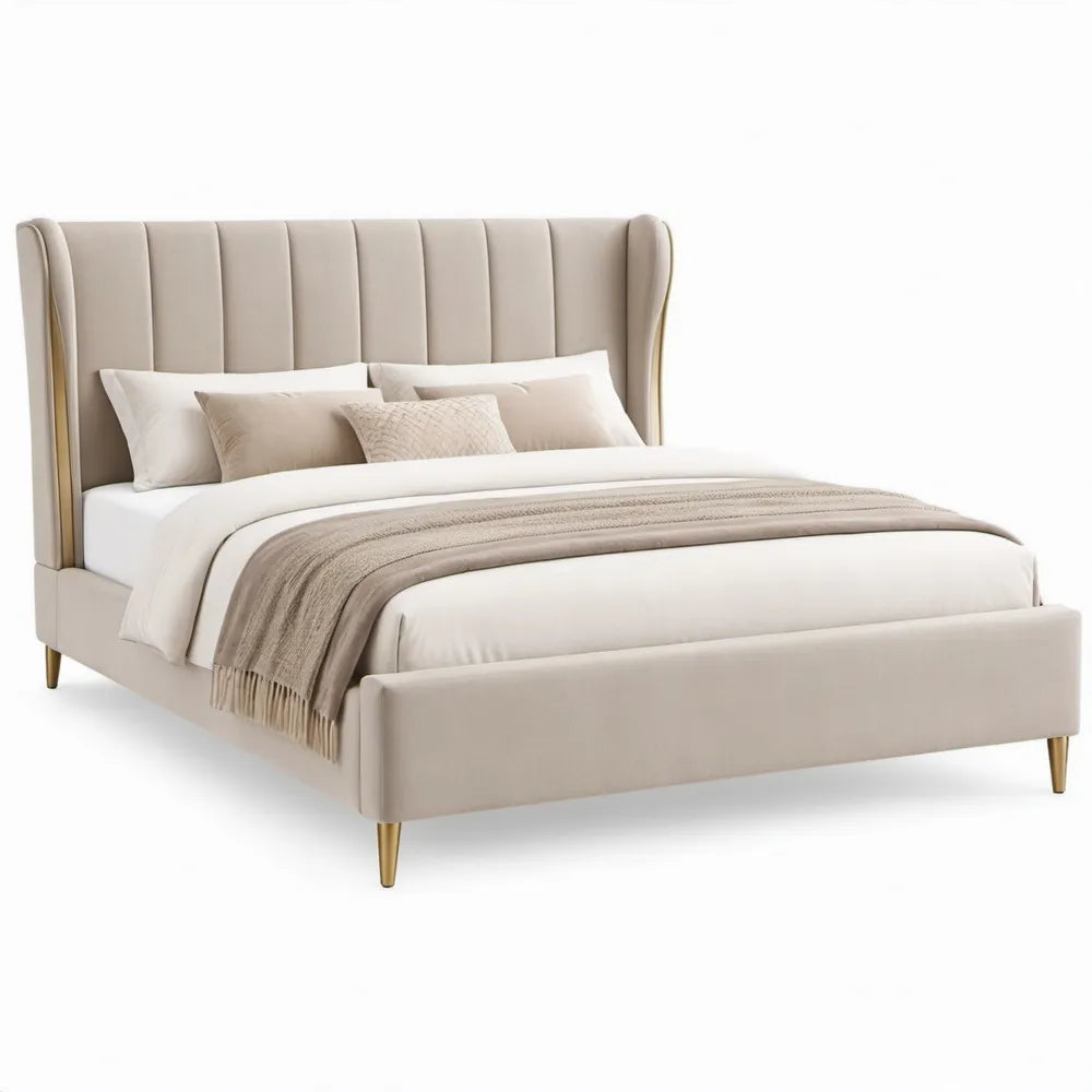 Gestoffeerd tweepersoonsbed 160 x 200 cm in beige met goudkleurige poten