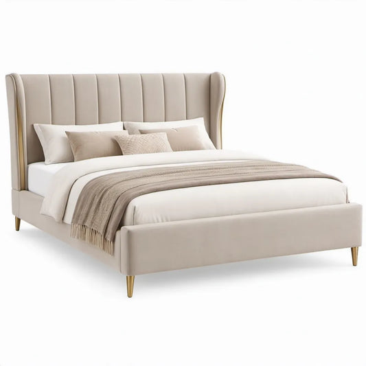 Gestoffeerd tweepersoonsbed 160 x 200 cm in beige met goudkleurige poten