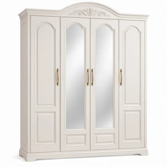 Crèmekleurige kledingkast met 4 deuren, 2 spiegels en gouden handgrepen – 200 x 60 x 220 cm