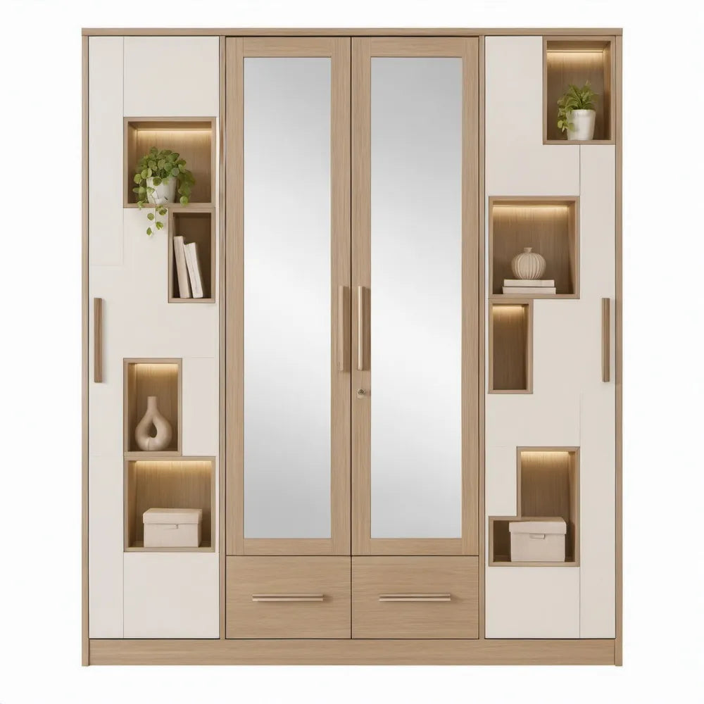 Beige kledingkast met eikenlook, spiegeldeuren, LED-vakken en 2 laden – 180 x 60 x 220 cm