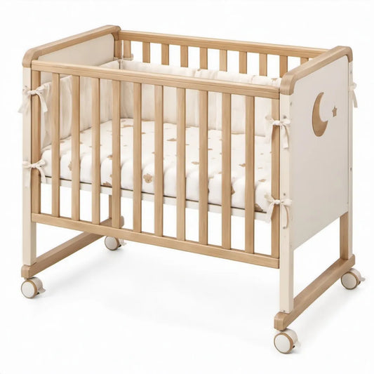 Babybed met wielen 120 x 60 cm van massief beukenhout en MDF in naturel en wit