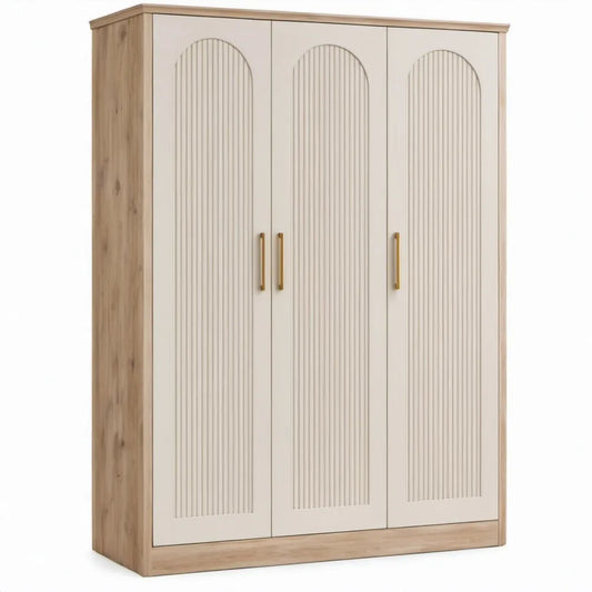 Driedeurs kledingkast 120 x 52 x 200 cm in Beige, Eikenkleurig en Goudkleurig