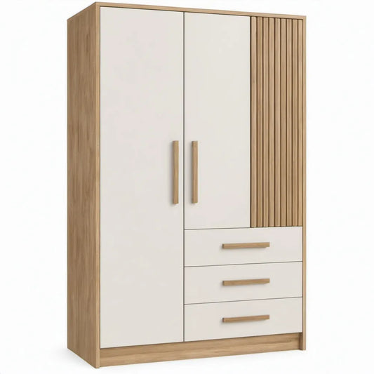 Kledingkast met 3 deuren en 3 lades, 120 x 52 x 200 cm, wit en eikenkleurig