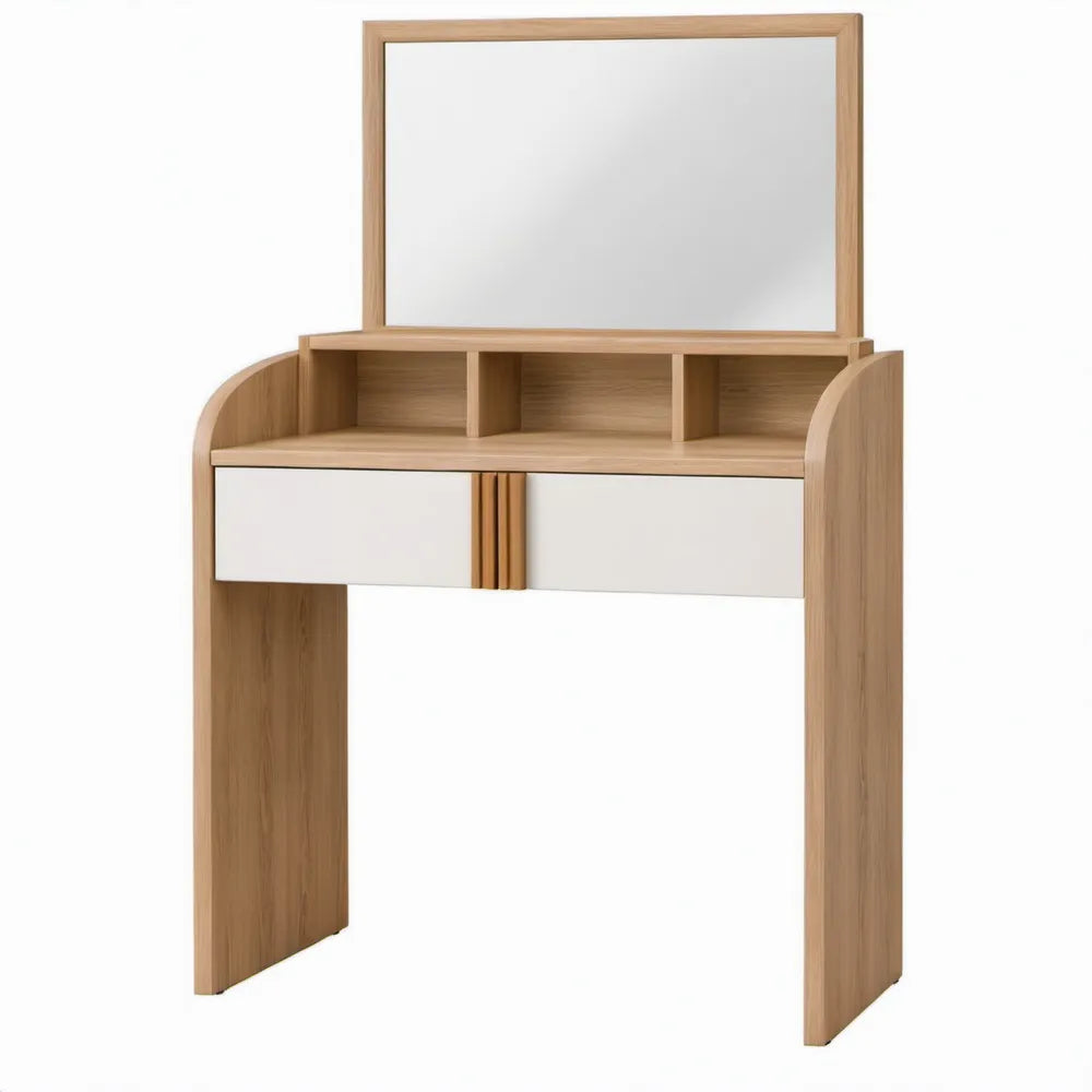 Eikenkleurig/Witte tafel met spiegel, 2 lades en open vakken, 80 x 40 x 140 cm