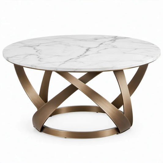 Ronde salontafel 90 x 90 x 45 cm met wit-grijs marmerlook blad en bronskleurig stalen onderstel