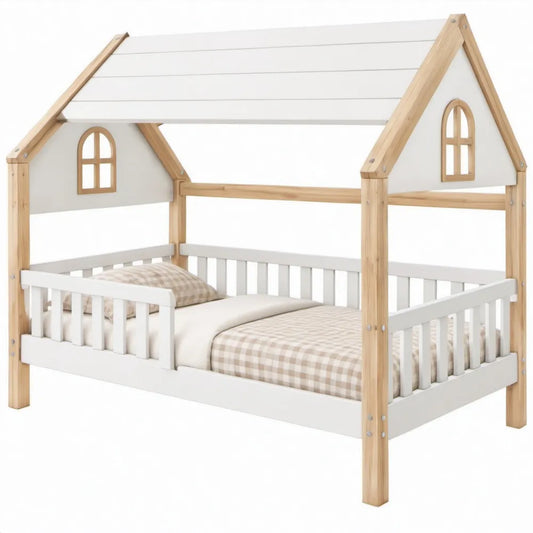 Kinderhuisbed 90 x 200 cm van massief grenenhout, wit/naturel