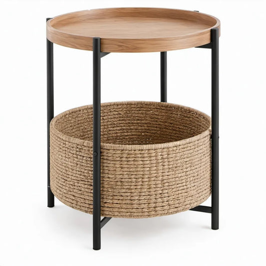 Rond design met geweven opbergruimte, eikenfineer en zwart staal, Ø 45 x 60 cm