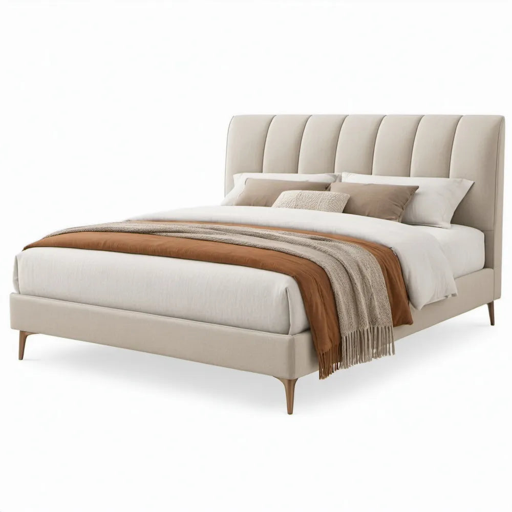 Gestoffeerd tweepersoonsbed 160 x 200 cm – Beige – Met hoofdbord en houten poten