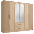 6-deurs kledingkast met 2 spiegels en 2 laden, licht eiken, 240 x 52 x 210 cm