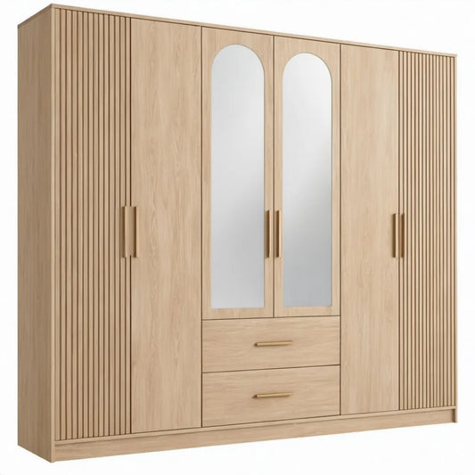 6-deurs kledingkast met 2 spiegels en 2 laden, licht eiken, 240 x 52 x 210 cm