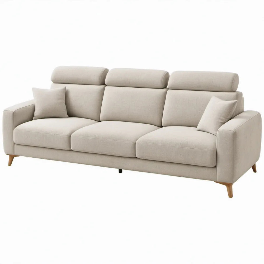 Beige 3-zitsbank met verstelbare hoofdsteunen, 230 x 95 x 88 cm