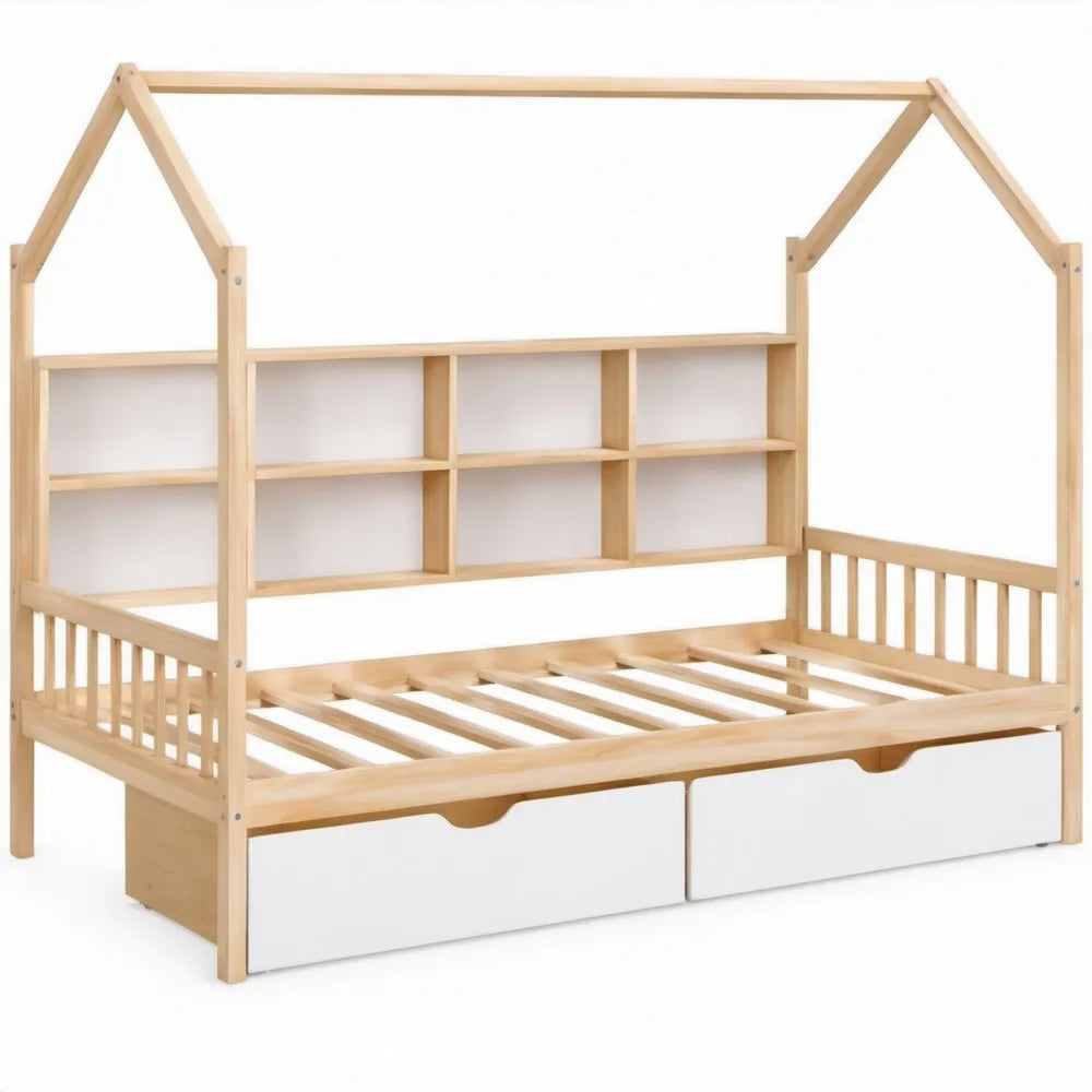 Huisbed voor kinderen 90 x 200 cm met wandrek en 2 opberglades – Naturel/Wit