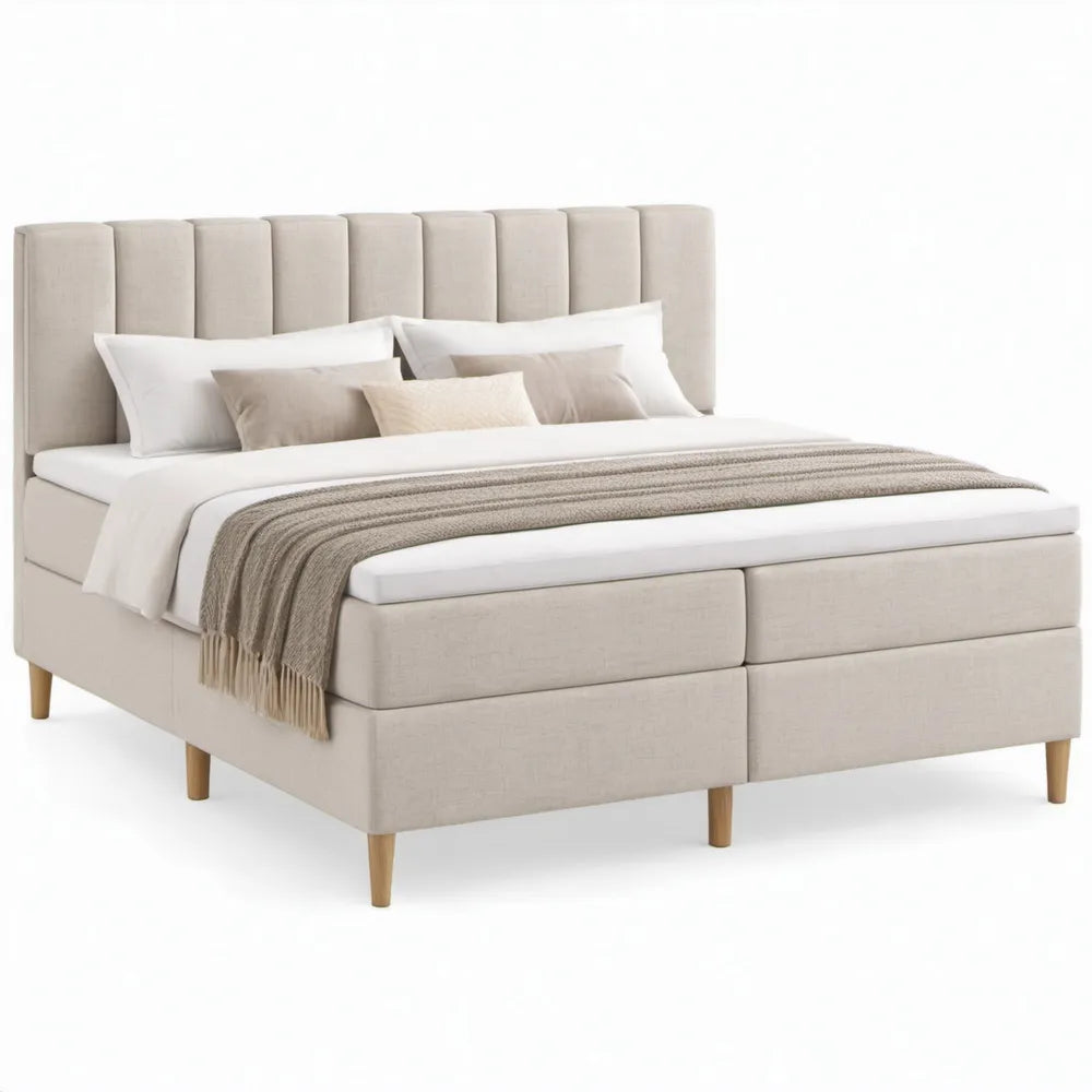 Gestoffeerd tweepersoonsbed 180 x 200 cm Beige met hoog gecapitonneerd hoofdbord en houten poten