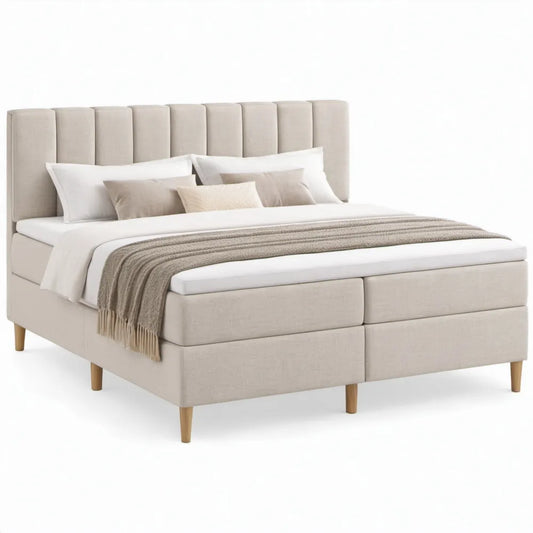 Gestoffeerd tweepersoonsbed 180 x 200 cm Beige met hoog gecapitonneerd hoofdbord en houten poten