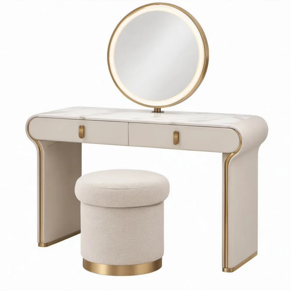 Kaptafelset met ronde spiegel en kruk, 100 x 45 x 78 cm, crèmekleurig/wit/goud